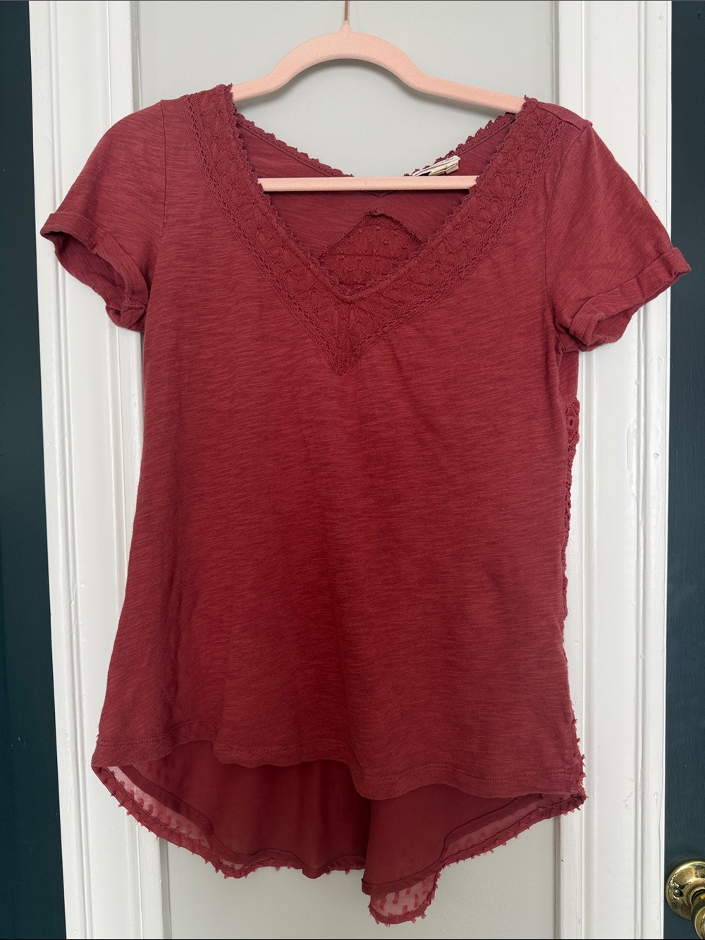Meadow Rue Lace-Trim V-Neck Tee in Deep Burgundy